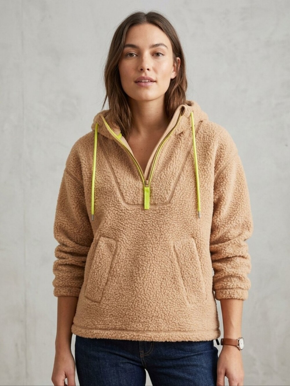 Everlane Camel Sherpa Hoodie with Neon Yellow Drawstrings